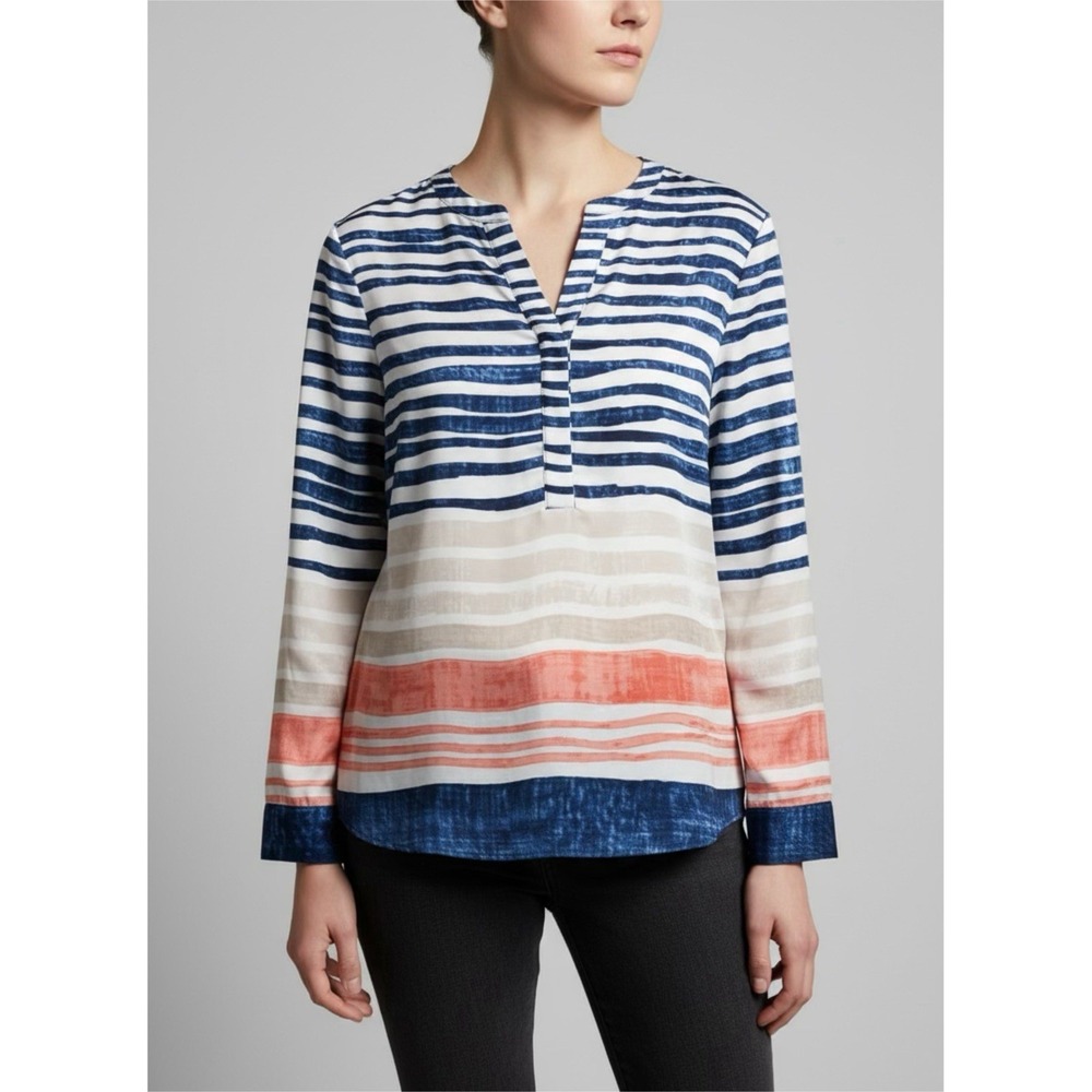 Chico's Long Sleeve Striped Split Neck Blue White Red Blouse Size 1